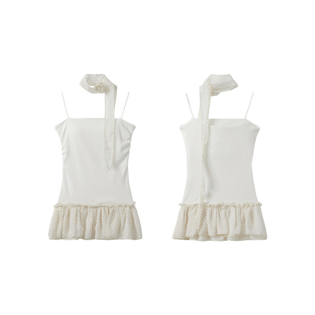 波點掛脖花邊吊帶背心女夏季外穿帶胸墊抹胸收腰修身無袖上衣