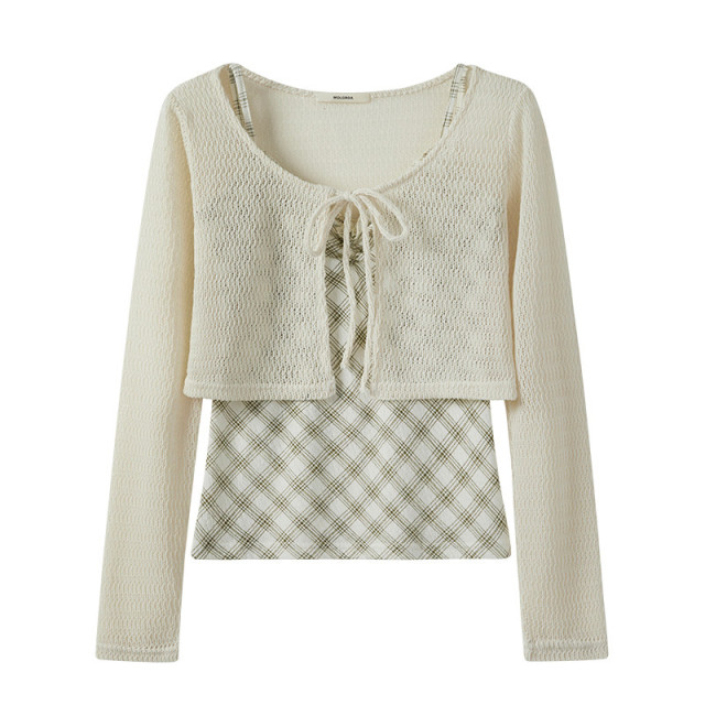春季新款甜美木耳邊短款菱格吊帶背心長袖系帶鏤空針織開衫兩件套