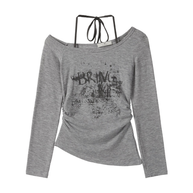 秋季新款長袖掛脖假兩件長袖T恤女一字肩印花美式純欲甜辣上衣