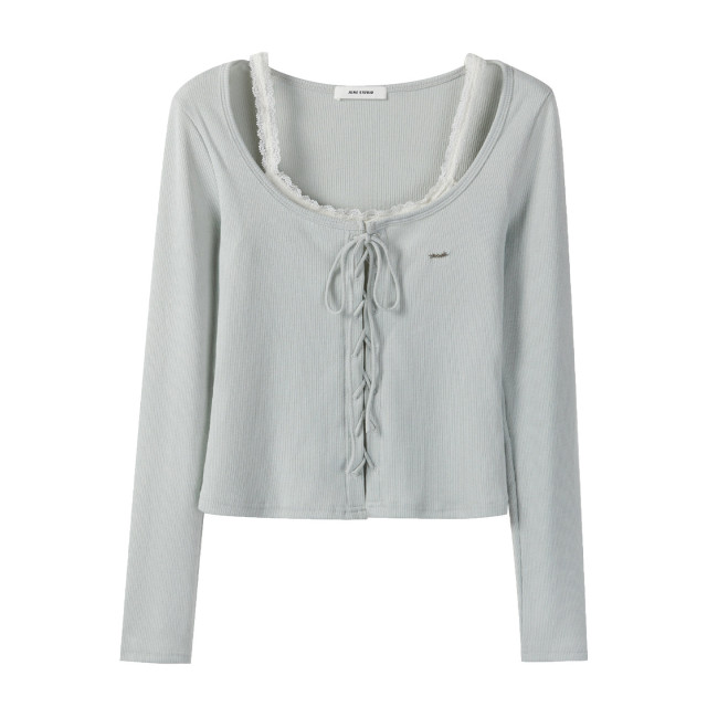 辣妹甜美蕾絲拼接假兩件長袖t恤女秋季新款修身修身顯瘦打底上衣