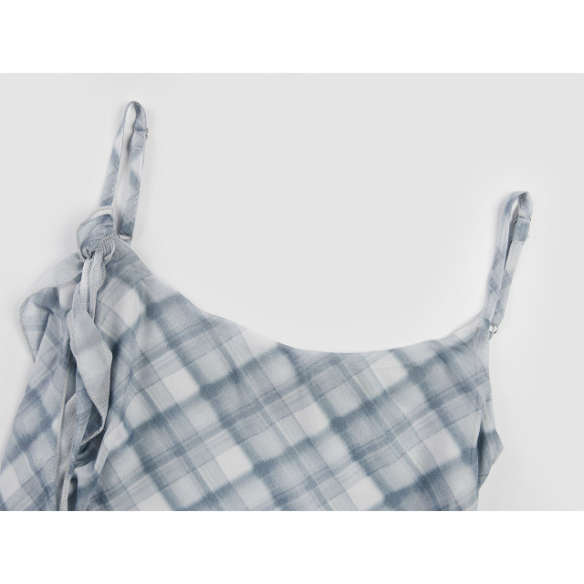 法式小眾短款設計感吊帶背心女夏裝新款格子網紗荷葉邊上衣