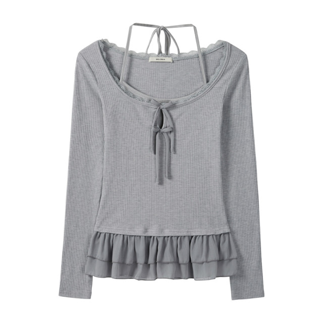 假兩件蕾絲拼接設計感長袖T恤女早秋新款掛脖系帶韓風百搭上衣