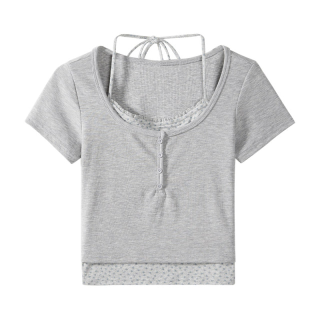 純欲甜辣假兩件拼接短袖掛脖T恤女夏季新款碎花U領短款上衣