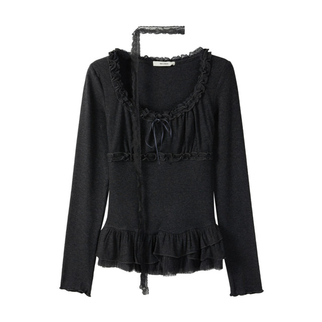 甜美蝴蝶結蕾絲邊打底上衣秋季新款減齡溫柔風修身女士顯瘦T恤衫