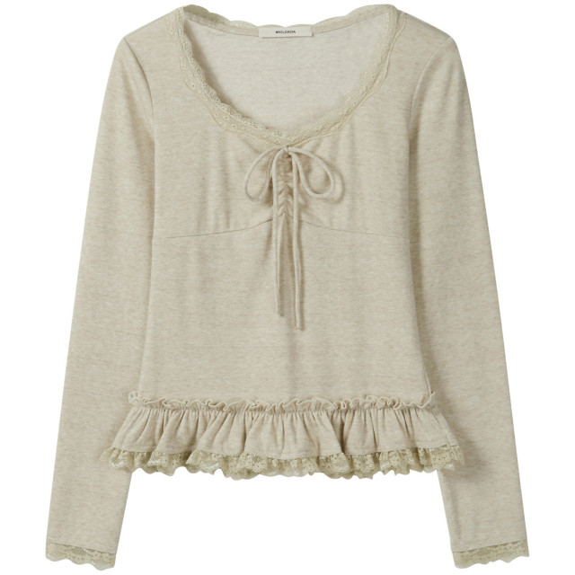 韓系甜美V領蕾絲系帶拼接長袖T恤女2025秋季新款休閑百搭打底衫