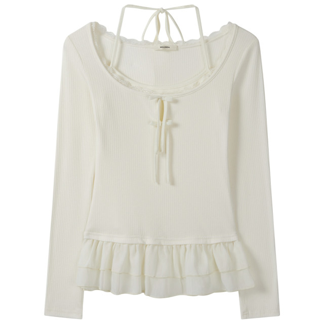 假兩件蕾絲拼接設計感長袖T恤女早秋新款掛脖系帶韓風百搭上衣