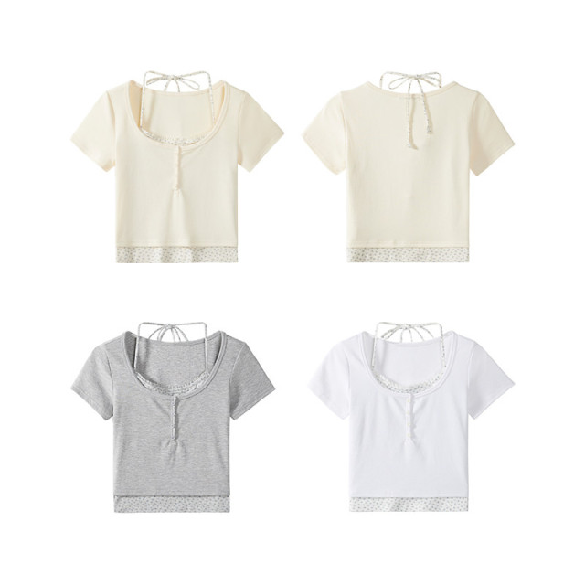 純欲甜辣假兩件拼接短袖掛脖T恤女夏季新款碎花U領短款上衣