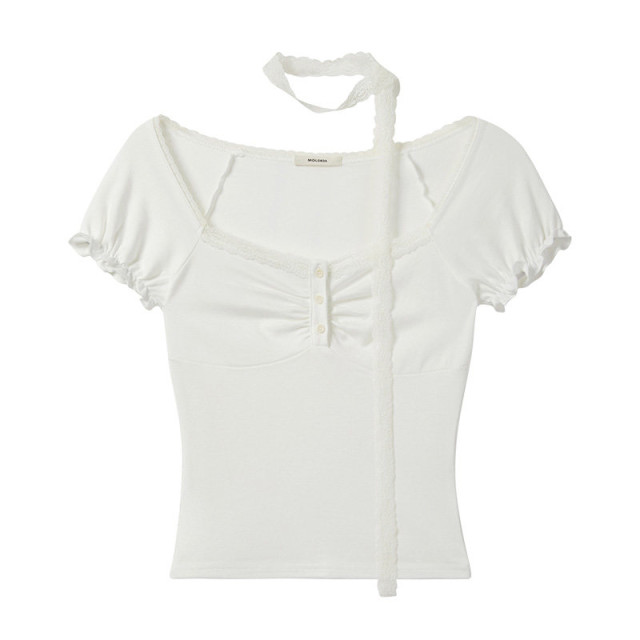 純欲甜辣蕾絲邊方領短袖T恤女2025夏季新款短款褶皺收腰修身上衣