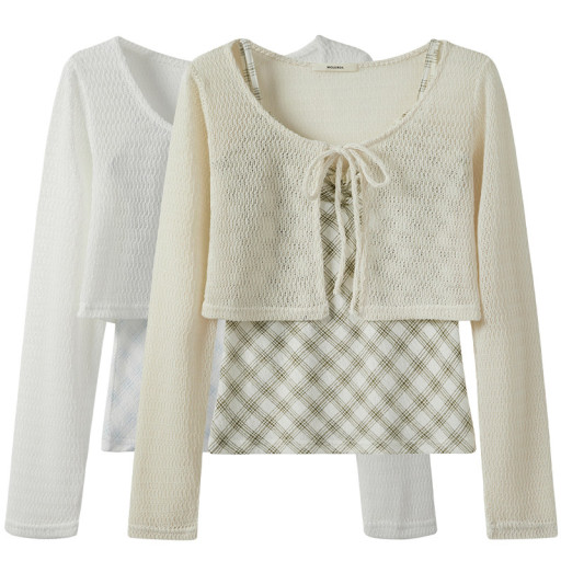 春季新款甜美木耳邊短款菱格吊帶背心長袖系帶鏤空針織開衫兩件套