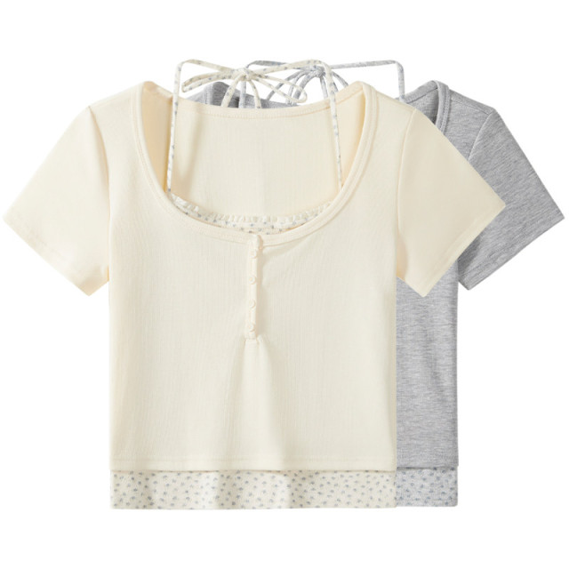 純欲甜辣假兩件拼接短袖掛脖T恤女夏季新款碎花U領短款上衣