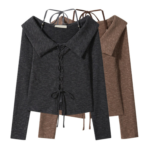 早秋新款美式復古甜辣短款假兩件抽繩掛脖翻領長袖t恤女chic上衣