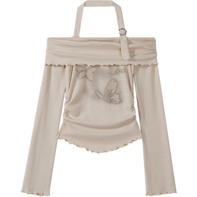 甜辣妹一字肩掛脖木耳邊長袖T恤女2025早秋季新款蝴蝶印花上衣