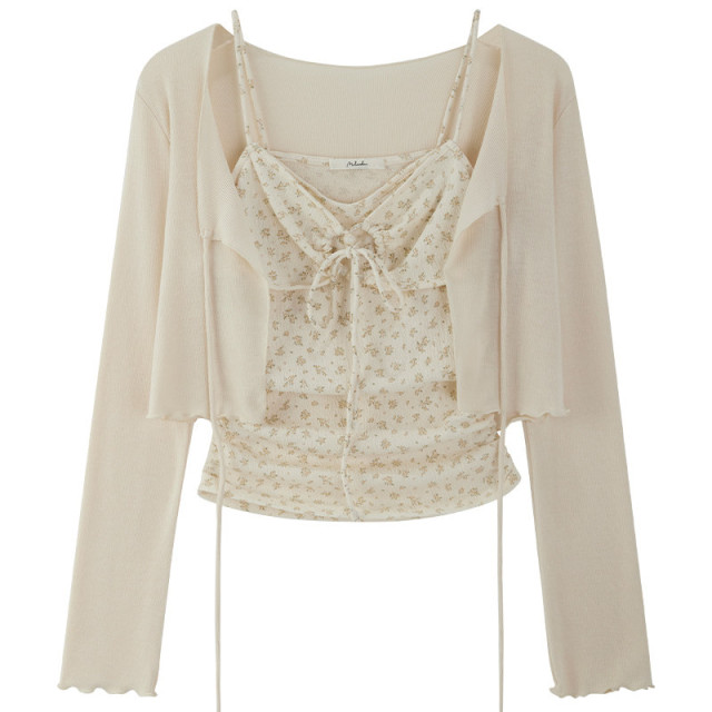 春夏新款純欲甜辣短款碎花系繩吊帶背心長袖開衫兩件套