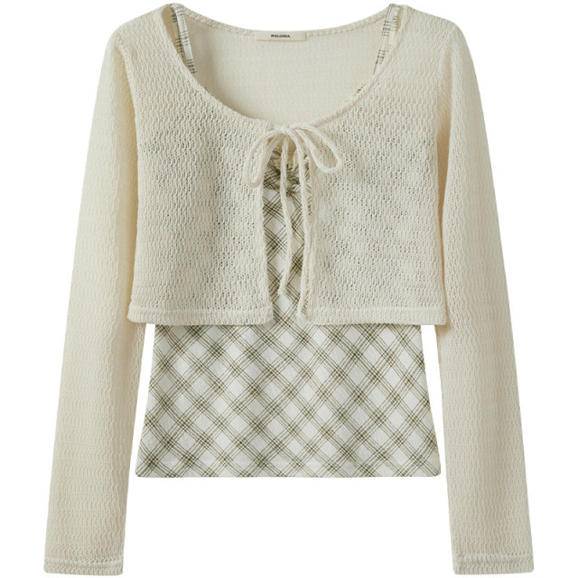 春季新款甜美木耳邊短款菱格吊帶背心長袖系帶鏤空針織開衫兩件套