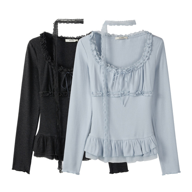 甜美蝴蝶結蕾絲邊打底上衣秋季新款減齡溫柔風修身女士顯瘦T恤衫