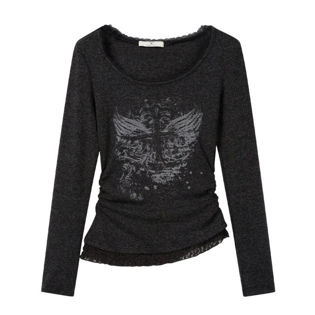 秋裝新款純欲甜辣圓領蕾絲拼接印花長袖T恤女不規則褶皺修身上衣