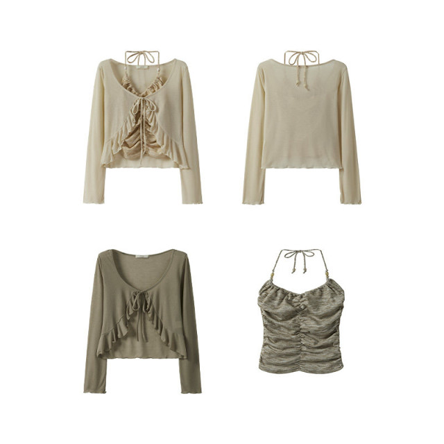 純欲甜辣扎染褶皺系帶掛脖吊帶背心荷葉邊長袖系繩開衫兩件套上衣