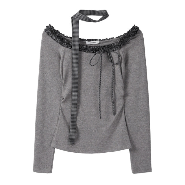 辣妹花邊一字領露肩長袖t恤女早秋格紋飄帶修身設計感打底上衣