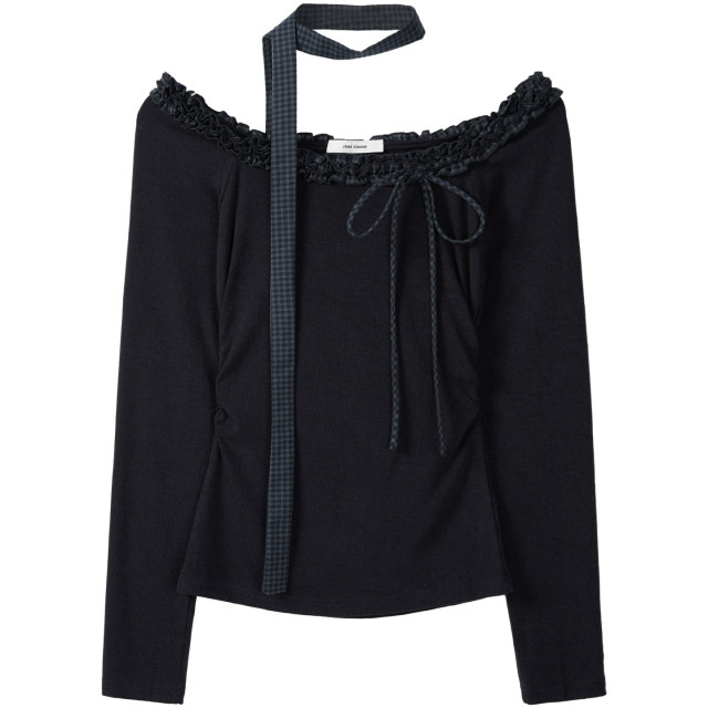 辣妹花邊一字領露肩長袖t恤女早秋格紋飄帶修身設計感打底上衣