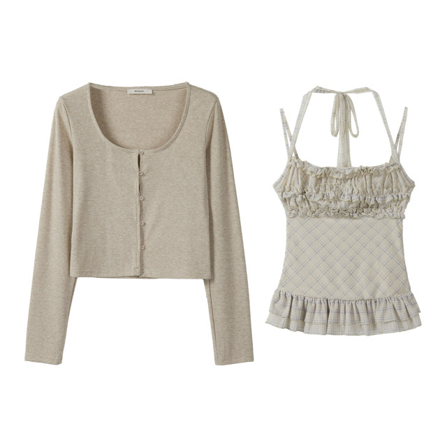 秋季新款韓系純色長袖開衫外搭女木耳邊格子掛脖吊帶背心兩件套