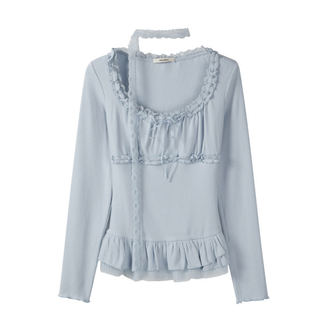 甜美蝴蝶結蕾絲邊打底上衣秋季新款減齡溫柔風修身女士顯瘦T恤衫