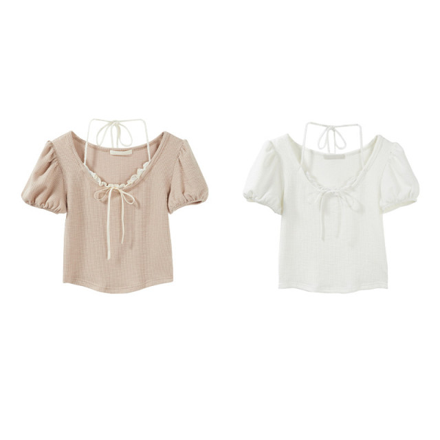 弧形短款假兩件系帶掛脖蕾絲泡泡袖夏季新款上衣