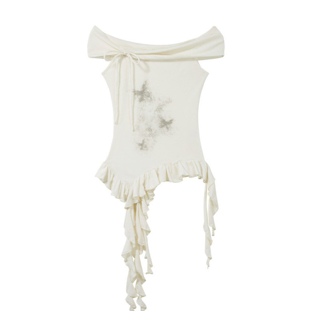 系帶蝴蝶結一字肩短袖T恤女2025春夏新款休閑修身飄帶印花上衣