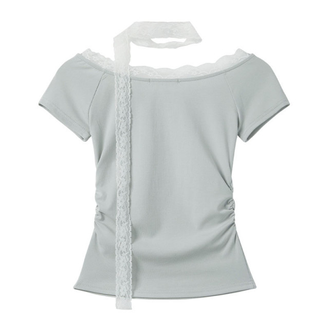 甜辣一字肩蕾絲邊短袖印花T恤女2025春夏新款收腰修身顯瘦上衣