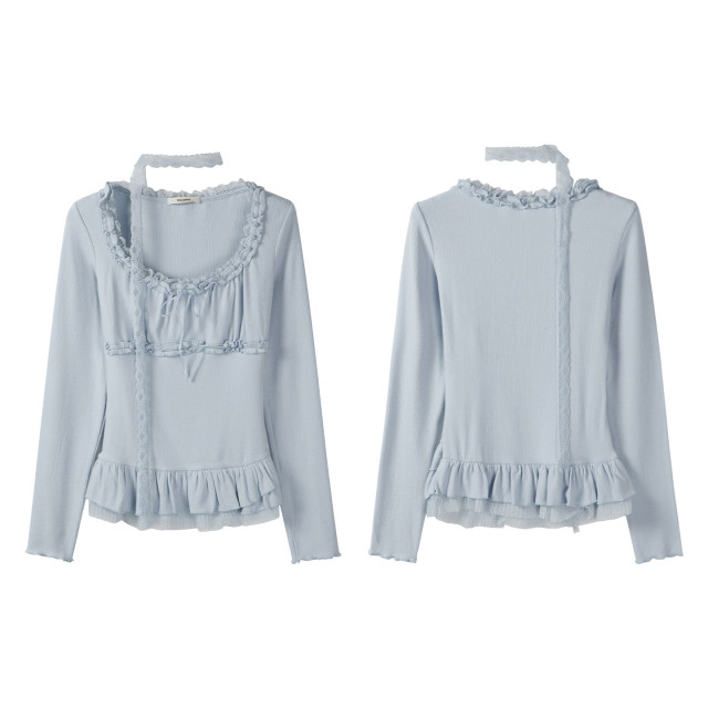 甜美蝴蝶結蕾絲邊打底上衣秋季新款減齡溫柔風修身女士顯瘦T恤衫