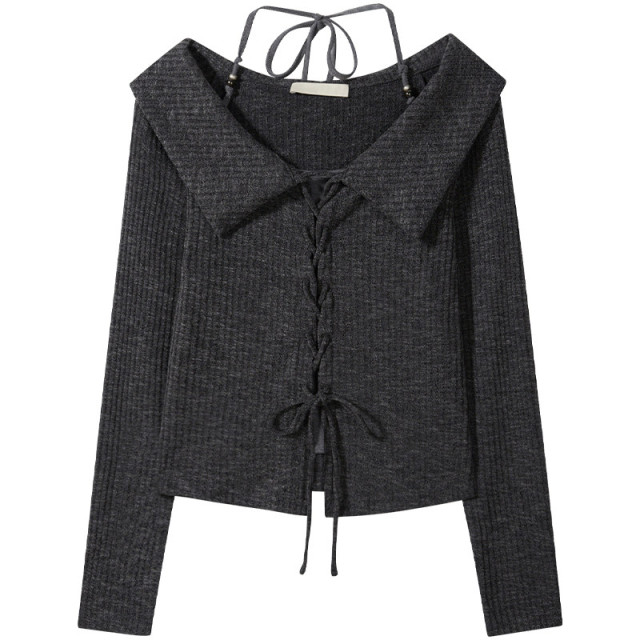 早秋新款美式復古甜辣短款假兩件抽繩掛脖翻領長袖t恤女chic上衣