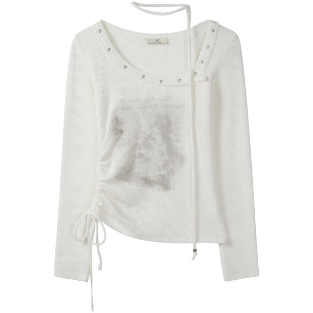 秋季新款不規則復古廢土風辣妹小眾長袖斜領T恤女印花修身上衣