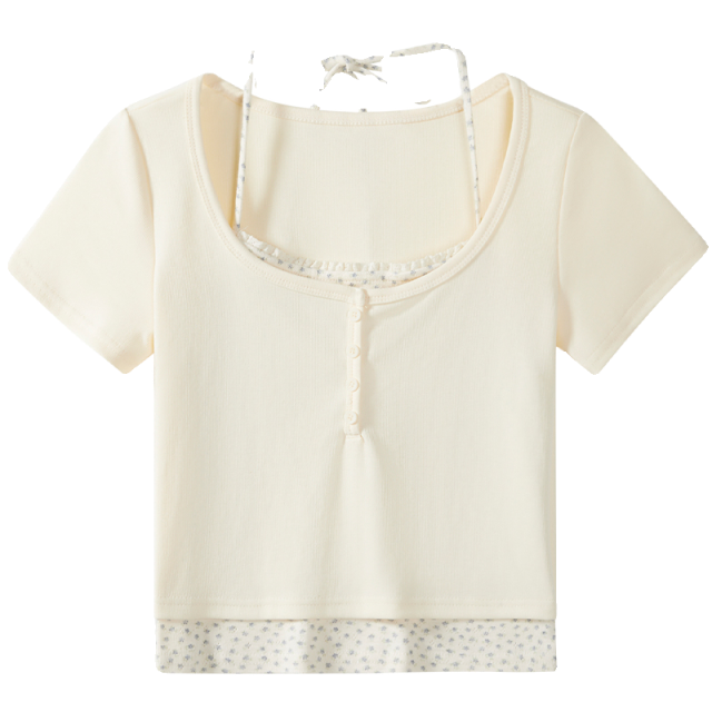 純欲甜辣假兩件拼接短袖掛脖T恤女夏季新款碎花U領短款上衣