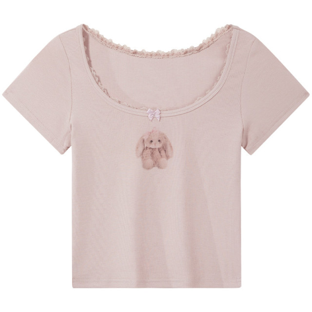 日系蕾絲花邊蝴蝶結可愛兔子短袖T恤修身顯瘦純欲辣妹短款上衣女