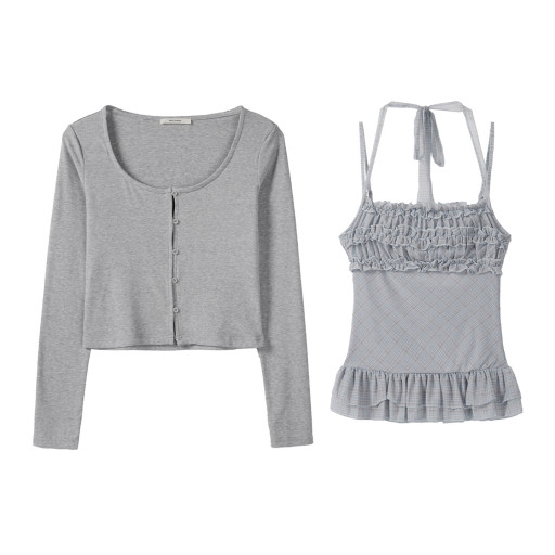 秋季新款韓系純色長袖開衫外搭女木耳邊格子掛脖吊帶背心兩件套