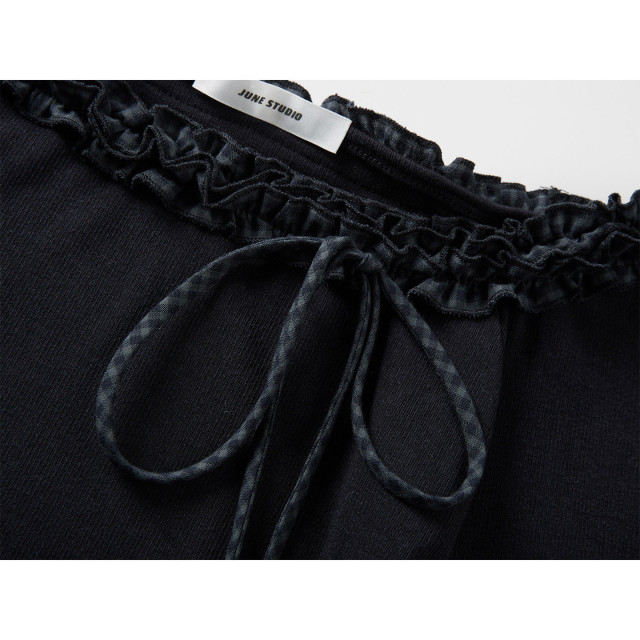 辣妹花邊一字領露肩長袖t恤女早秋格紋飄帶修身設計感打底上衣