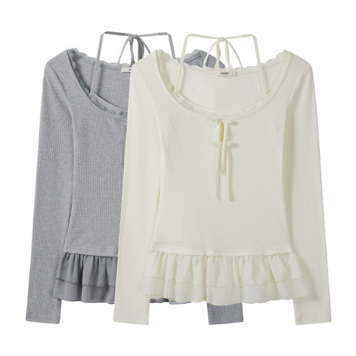 假兩件蕾絲拼接設計感長袖T恤女早秋新款掛脖系帶韓風百搭上衣