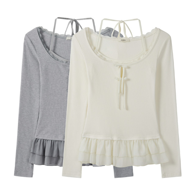 假兩件蕾絲拼接設計感長袖T恤女早秋新款掛脖系帶韓風百搭上衣