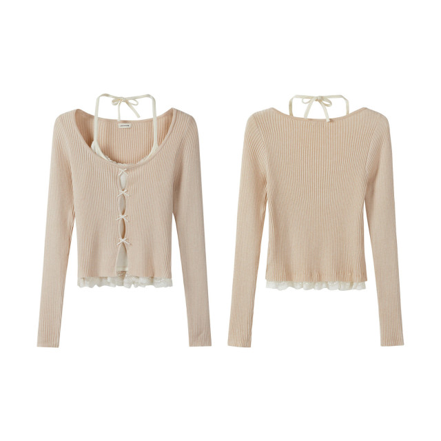 設計感蕾絲蝴蝶結假兩件掛脖長袖針織t恤女秋季新款獨特絕美上衣