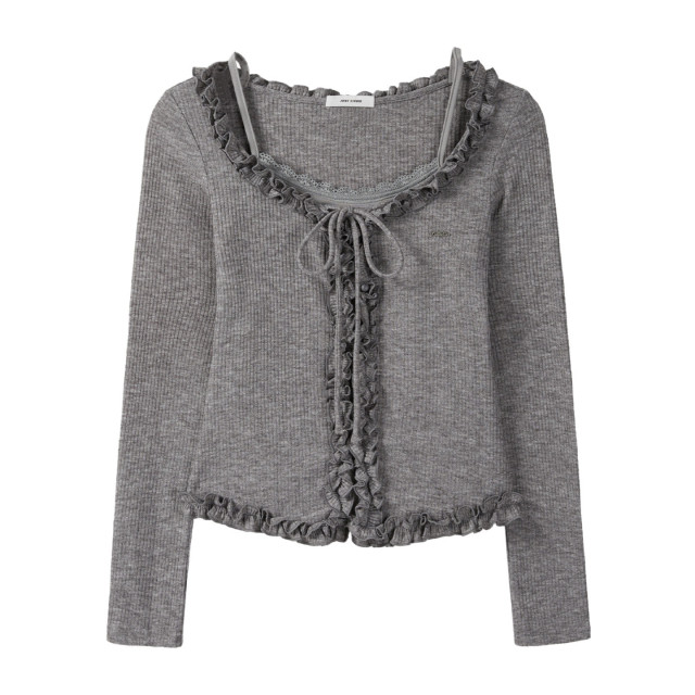 純欲辣妹假兩件蕾絲木耳邊綁帶長袖T恤女秋季新款花邊吊帶上衣