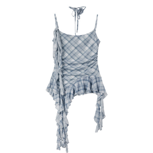 法式小眾短款設計感吊帶背心女夏裝新款格子網紗荷葉邊上衣