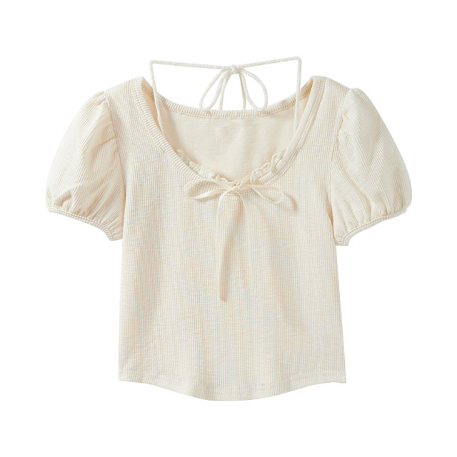 弧形短款假兩件系帶掛脖蕾絲泡泡袖夏季新款上衣