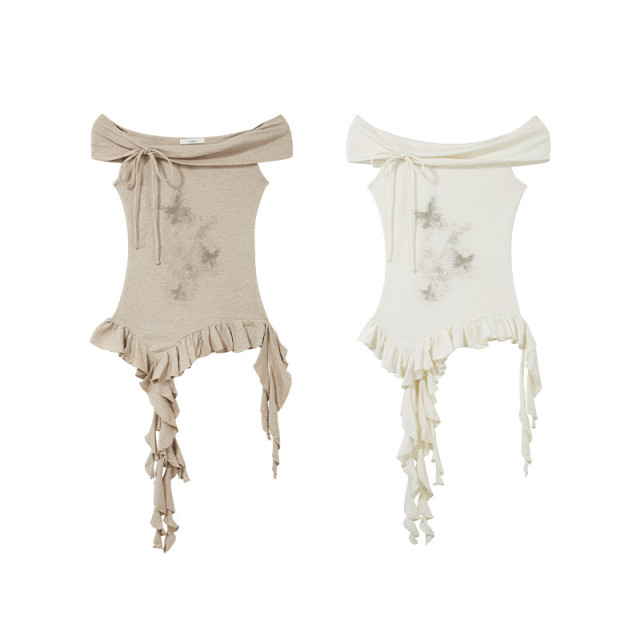 系帶蝴蝶結一字肩短袖T恤女2025春夏新款休閑修身飄帶印花上衣