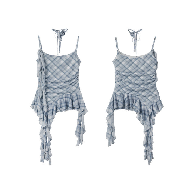 法式小眾短款設計感吊帶背心女夏裝新款格子網紗荷葉邊上衣