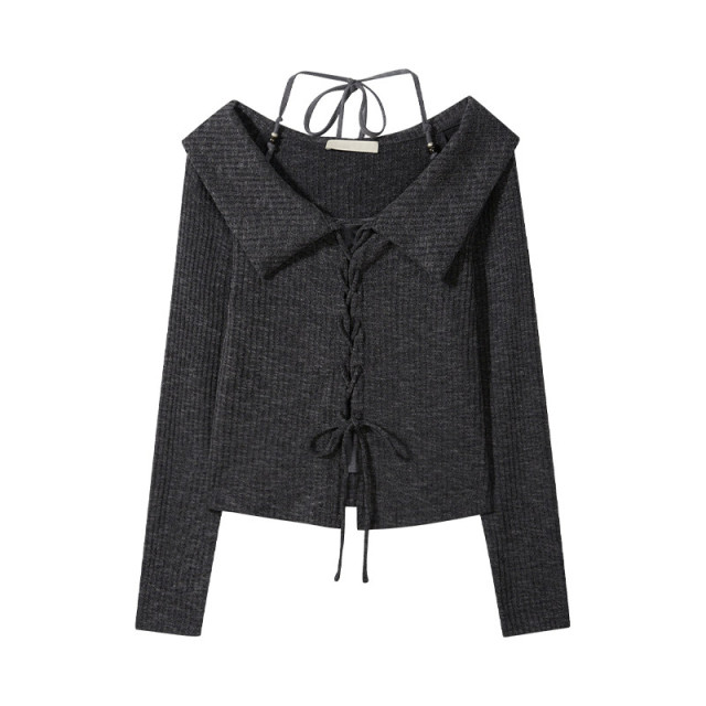 早秋新款美式復古甜辣短款假兩件抽繩掛脖翻領長袖t恤女chic上衣