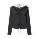 早秋新款美式復古甜辣短款假兩件抽繩掛脖翻領長袖t恤女chic上衣