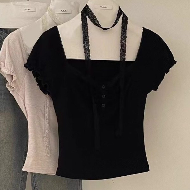 純欲甜辣蕾絲邊方領短袖T恤女2025夏季新款短款褶皺收腰修身上衣