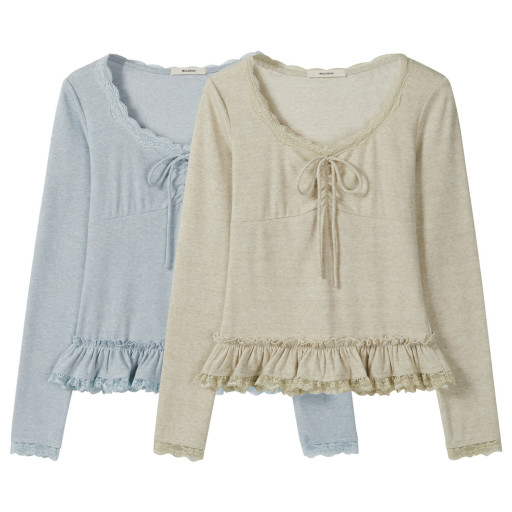 韓系甜美V領蕾絲系帶拼接長袖T恤女2025秋季新款休閑百搭打底衫