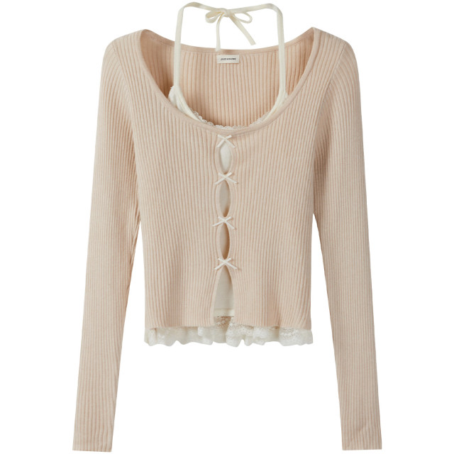 設計感蕾絲蝴蝶結假兩件掛脖長袖針織t恤女秋季新款獨特絕美上衣