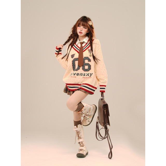 沃茨學院 %美式慵懶露肩毛衣女秋冬寬松V領麻花上衣