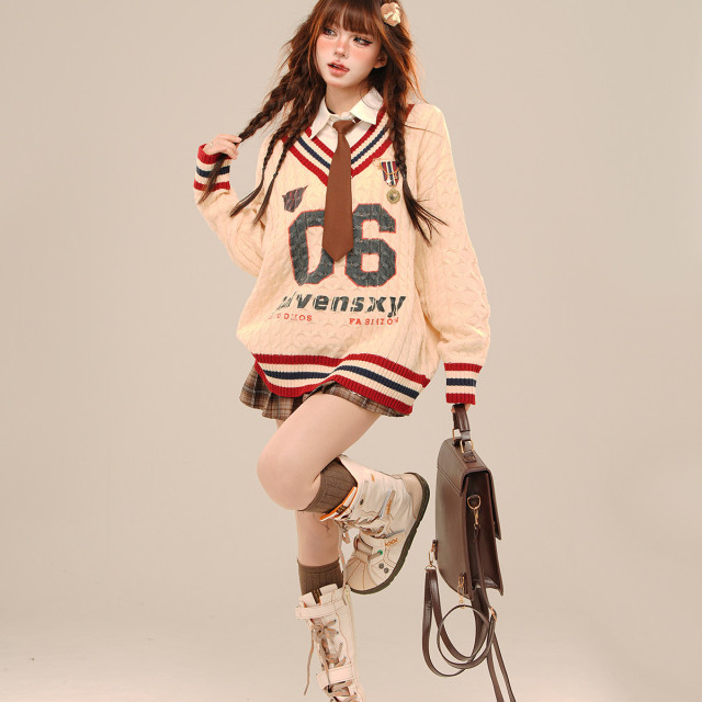 沃茨學院 %美式慵懶露肩毛衣女秋冬寬松V領麻花上衣